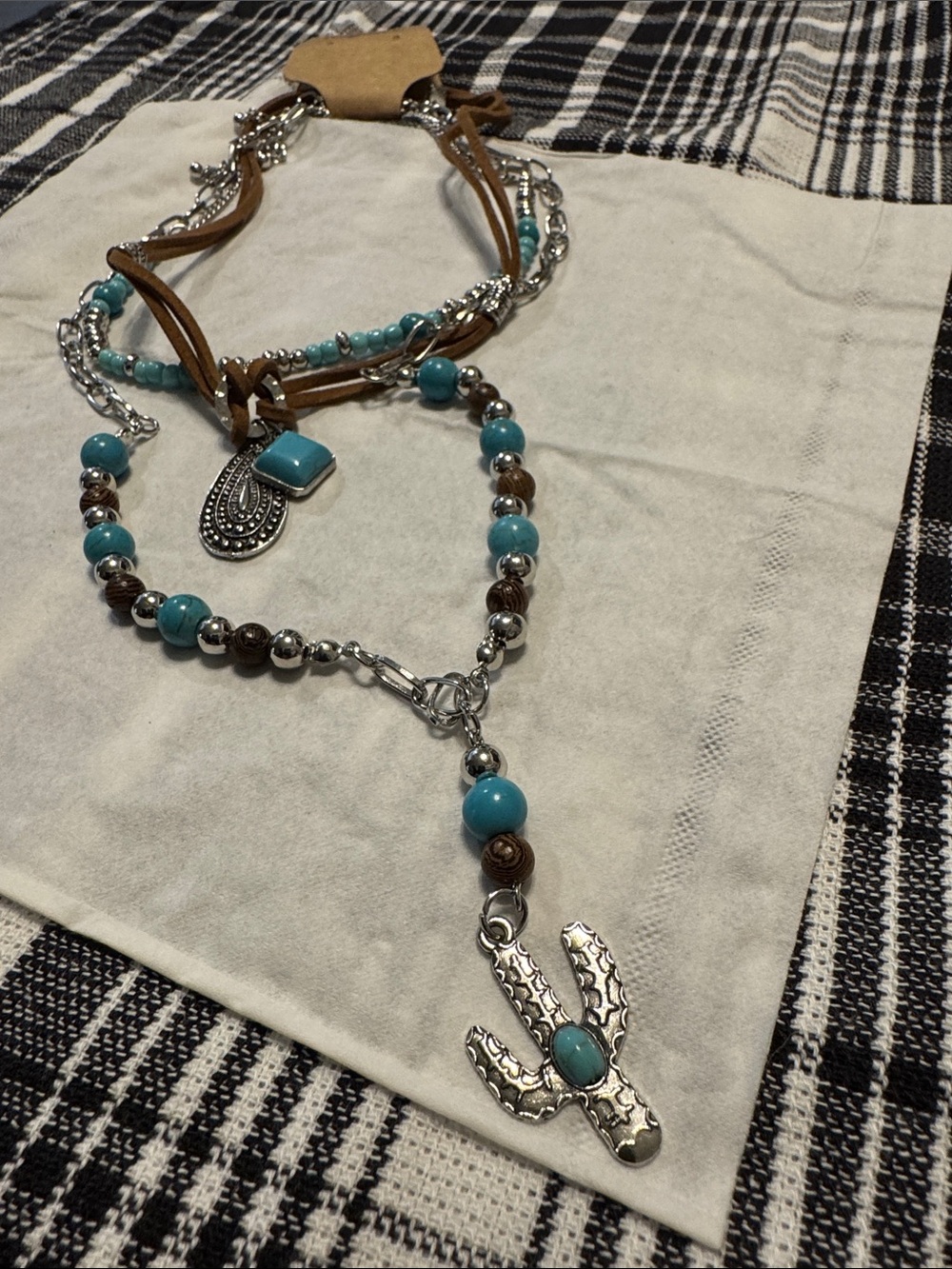 Turquoise Beaded Cactus Pendant Layered Necklace - Women Jewelry
